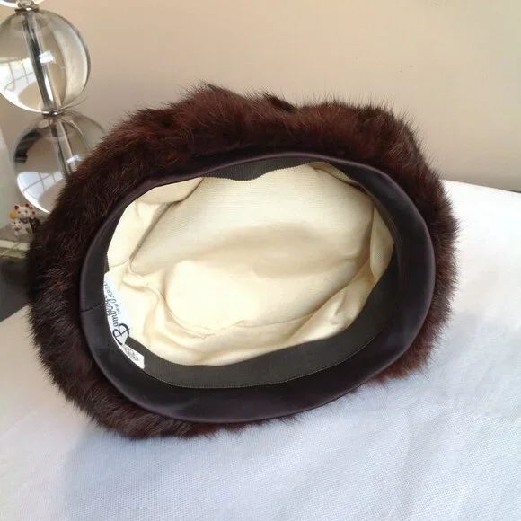 Vintage Bamberger's NJ Real Fur Brown Mink? Pillbox Hat Union Made - Picture 8 of 9